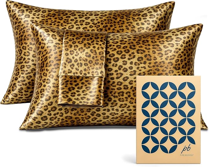 Pure Bedding Satin Pillowcase 2 Pack - King Size (20"x40", Gold Leopard) - Silky Pillow Cases for Hair and Skin - Satin Pillow Covers with Envelope Closure - Extra Soft Premium Microfiber