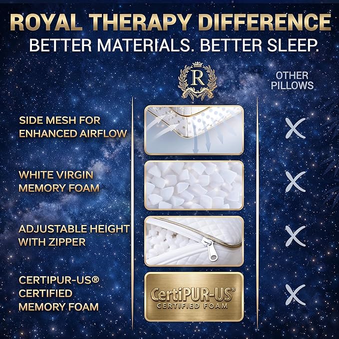 Royal Therapy Queen Memory Foam Pillow, Adjustable Shredded Odor-Free Pillow for Neck & Shoulder Pain Relief, Support for Back, Stomach, Side Sleepers, AirFlowPRO