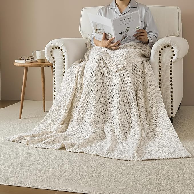 WDCOZY Chunky Cable Knit Throw Blanket Super Soft Warm Knitted Throw Blanket for Couch, Sofa, Chair, Bed Lightweight Breathable Cozy Comfortable Home Decorative Ivory Cream White 50x60 Inches