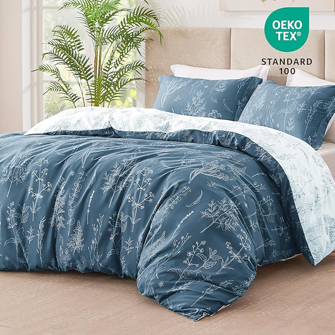Love's cabin Bluish Grey Twin Comforter Set - Twin XL Size Comforter Set Dorm Bedding, 2 Pieces Cute Floral Bedding, Reversible Flowers Comforter, 1 Comforter & 1 Pillow Sham
