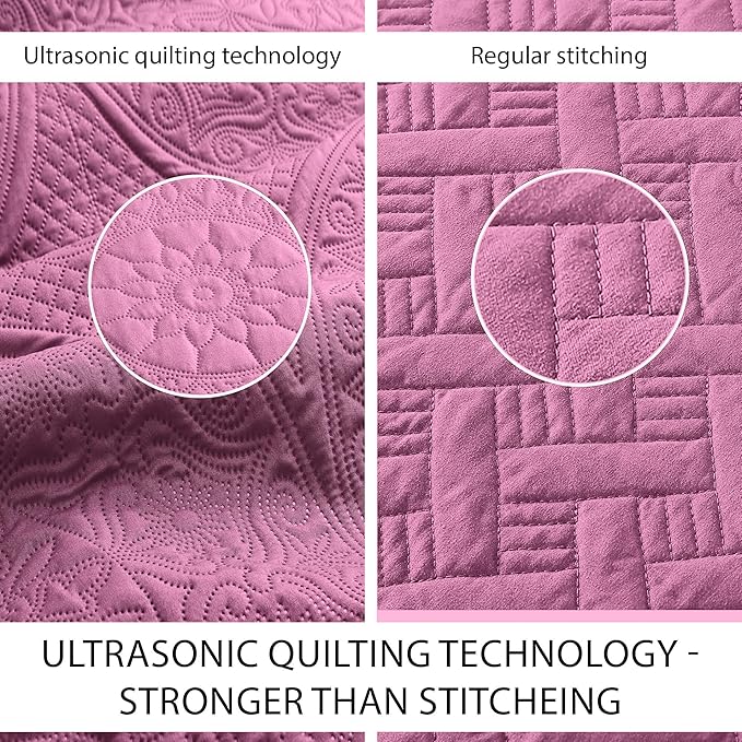 IR Imperial Rooms King Quilt Bedding Set Size (106" x 96") + 2 Pillow Shams (20" x 36"+ 2") - 3 Pcs All Season Lightweight Reversible Microfiber Coverlet Floral Embossed Quilt Bedspread (Purple)