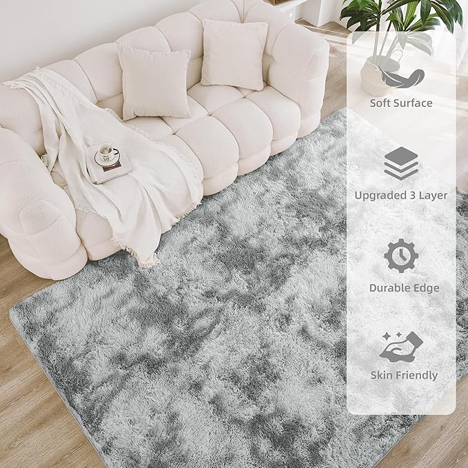 Litanika 4x6 Shag Area Rug for Living Room Bedroom, Tie-Dyed Light Grey High Pile Soft Plush Shaggy Furry Bedside Playroom Dorm Carpet, Non-Slip, Non-Shedding Modern Indoor Floor Rug
