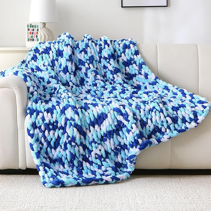 Mooreeke Chunky Knit Blanket 50"x60", Soft Chenille Throw Blanket Cozy 100% Handmade Crochet Gift Blankets with Jumbo Chenille Yarn for Couch Bed Sofa Room Decor - Blue and White
