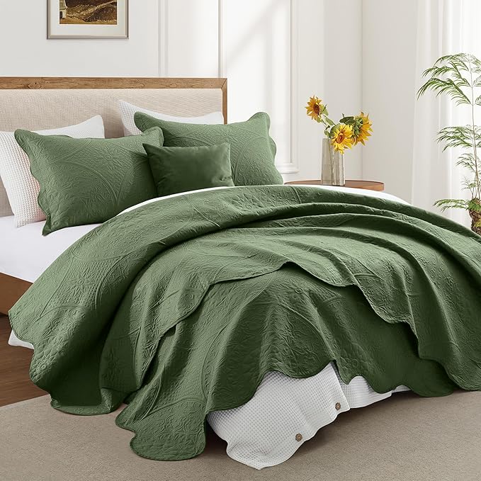 IR Imperial Rooms 8 Pack Quilt King Size Bedding (106" x 96") - Bulk Wholesale for Hotels, Guest Bedroom & Airbnbs - Lightweight Microfiber Reversible Floral Embossed Quilts Bedspreads (Olive Green)