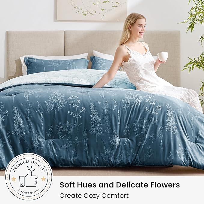 Love's cabin Bluish Grey Comforter Set Queen - Queen Size Comforter Set, 3 Pieces Cute Floral Bedding Sets for All Seasons,1 Soft Reversible Botanical Flowers Comforter and 2 Pillow Shams