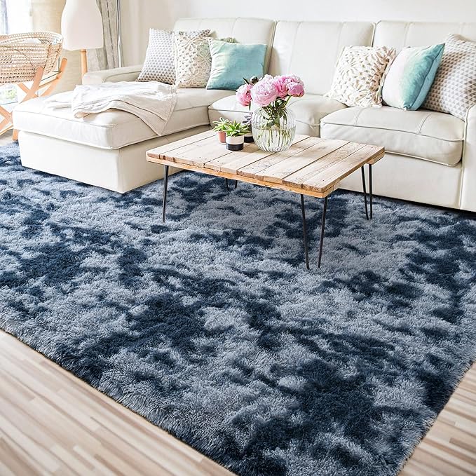 ISEAU Super Soft Rugs for Dorm, College, Apartment, Bedroom Shaggy Area Rug, 3x5 Feet Tie-Dye Carpet Fluffy Mats for Living Room, Non-Slip Abstract Fuzzy Rugs for Girls Boys Kids Room, Dark Blue
