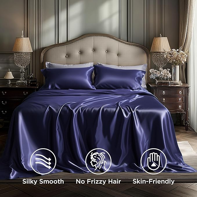 Bedsure Satin Sheets Full Size - 4 Piece Silky Bedsheets with 15 Inches Deep Pocket Fitted Bedsheet,1 Flat Sheet, 2 Satin Pillowcases, Good for Hair & Skin (Full, Navy)