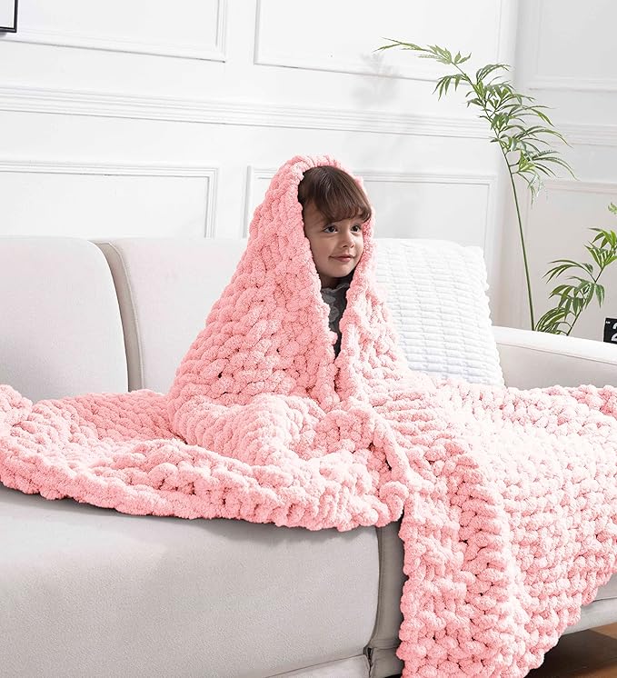 clootess Chunky Knit Blanket Knitted Throw Crochet Chenille Yarn Woven for Bed Sofa Textured Thick Cable Decor (Pink 40x60 in)