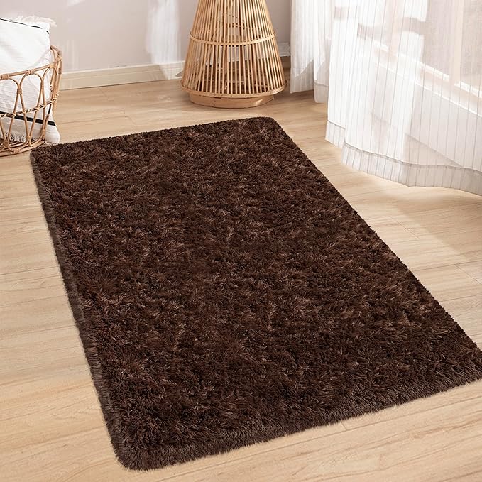 Fluffy Rugs for Bedroom Living Room 3x5 Brown Shaggy Area Rug Soft Plush Fuzzy Fur Throw Carpets Kids Rug for Nursery Kids Room Dorm Home Decor Aesthetic