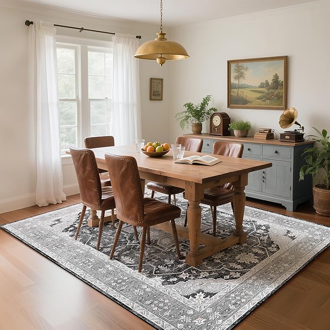 CRYPTOLITE Living Room Rug 7x10, Machine Washable Area Rug Non Slip Low Pile Vintage Rug for Living Room, Bedroom, Farmhouse, Dining Room, Kids Playroom, Grey