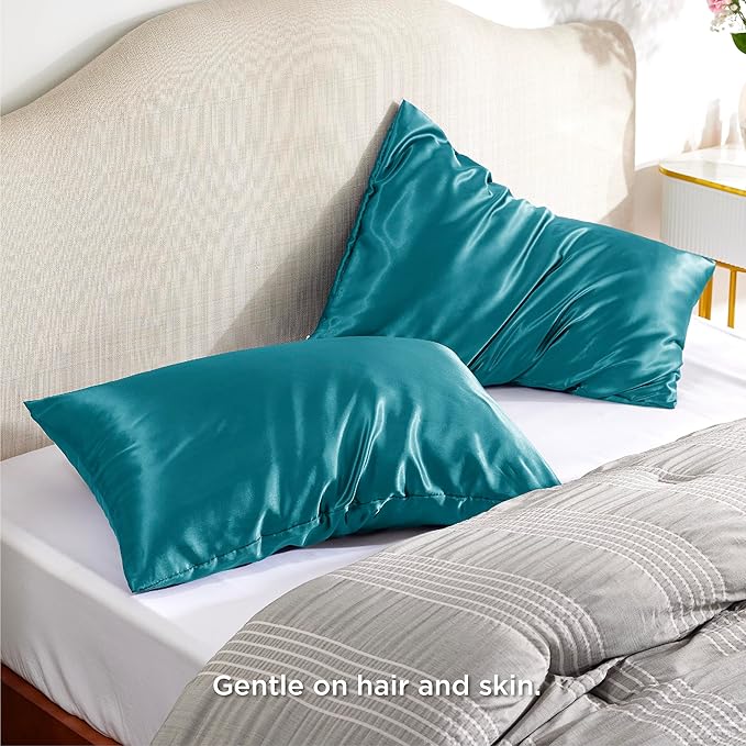 Bedsure Satin Pillowcase with Zipper, Similar to Silk Pillow Cases 2 Pack, Silky & Soft Satin Pillow Cases Standard Size for Hair and Skin, Teal Pillow Covers, Gifts for Women Men, 20x26 Inches