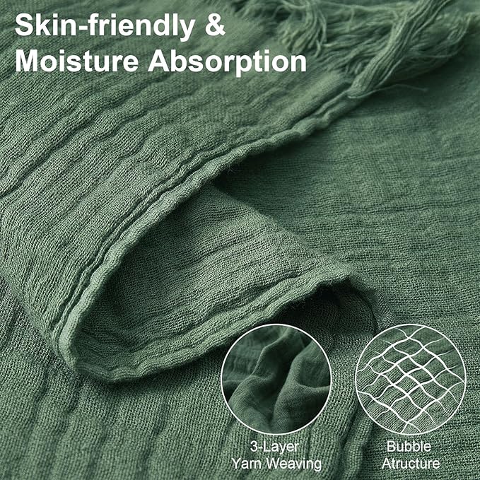 Cotton Muslin Throw Blanket with Tassels, Lightweight Woven Gauze, Pre-Washed Breathable Farmhouse Decor for Bed, Couch, All-Season Use (Olive Green, 50" x 60")