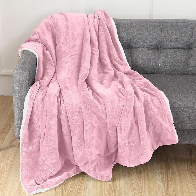 Elegant Comfort Throw Blanket, Reversible Sherpa Flannel, Ultra-Soft, Fuzzy, Cozy and Plush- All Season Lightweight Decorative Throw, 50 x 60 inches, Solid Sherpa Throw, Light Pink