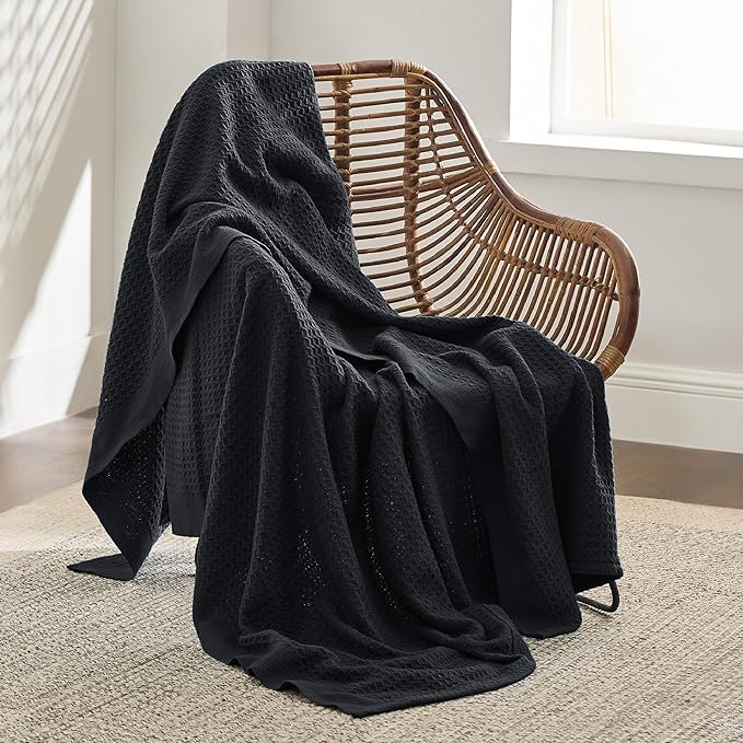 Bedsure Gentlesoft 100% Cotton Throw Blanket for Couch 50x70 inches - Cooling Breathable and Soft for Spring Summer, Waffle Weave Throw Blanket for Office, Black