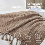Chunky Knit Throw Blanket with Braided Tassels 50" x 60", Hand Knitted Soft Thick Yarn Basket Weave Boho Farmhouse Blanket, Plush Fluffy Tassel Decor Throw for Couch Bed Sofa, Brown