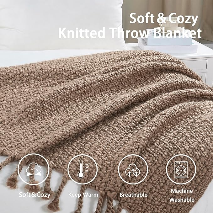 Chunky Knit Throw Blanket with Braided Tassels 50" x 60", Hand Knitted Soft Thick Yarn Basket Weave Boho Farmhouse Blanket, Plush Fluffy Tassel Decor Throw for Couch Bed Sofa, Brown