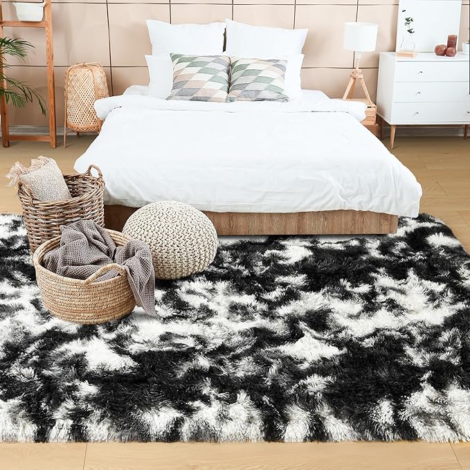 Noahas Large Fluffy 6x9 Area Rugs for Living Room Bedroom,Tie-Dyed Black and White Thick Shag Throw Rug,Big Soft Shaggy Bedside Non-Slip Plush Dorm Nursery Kids Carpet