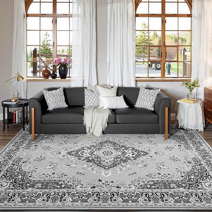 CRYPTOLITE 9x11 Area Rug for Living Room, Modern Washable Rug Non Slip Low Pile Large Area Rugs for Living Room, Bedroom, Farmhouse, Dining Room, Grey