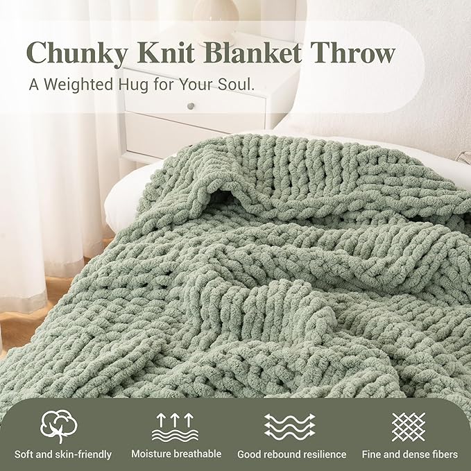 Bunnikins & Clover Sage Green Throw Blanket for Couch, Chunky Knit Blanket Throw with Chenille Yarn for Bed Living Room Home Decor, 50"x60"