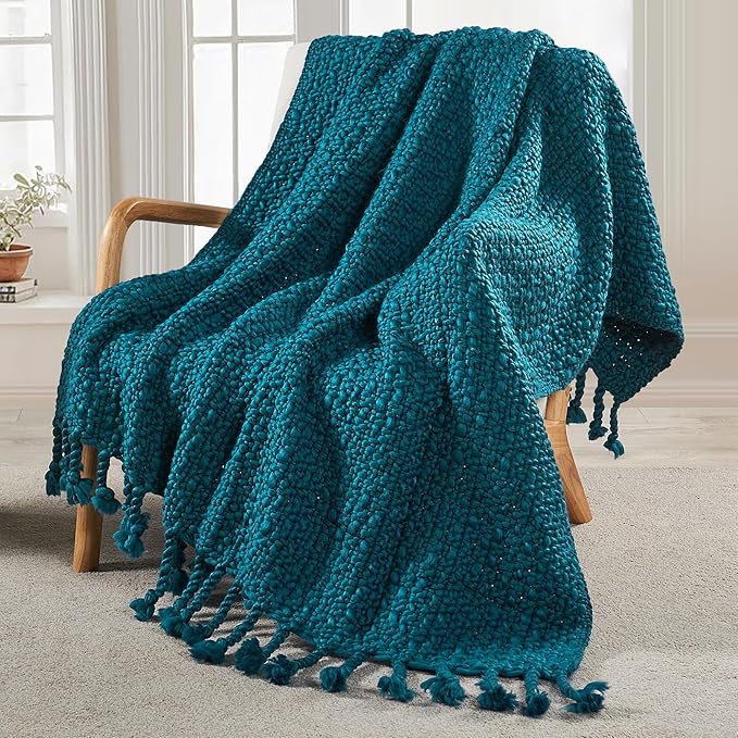 Home Soft Things Basket Weave Throw Blanket, Soft Cozy Warm Blanket with Braided Decorative Throw for Couch Sofa Outdoor Indoor, Teal, 50''x60
