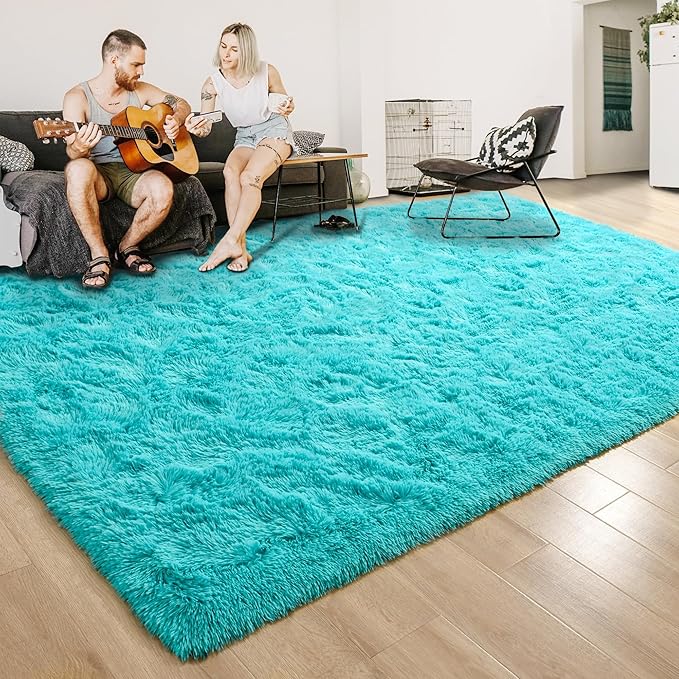 ISEAU 3x5 Area Rug for Living Room, Teal Blue Rugs for Bedroom, Kitchen, Soft Shaggy Carpets, Fluffy and Machine Washable Mats, Under Bed, On Nursery Floors Mat, Boys, Girls Room Carpet Decor