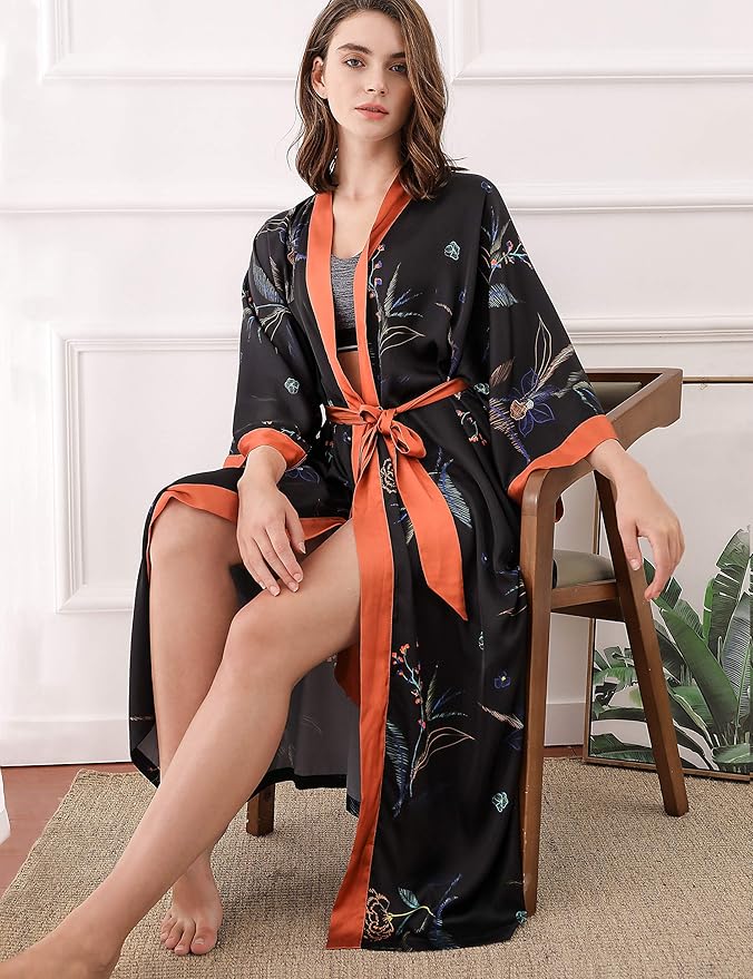 Aensso Long Soft Lightweight Silky Kimonos Robes for Women, Luxury Japanese Floral Womens Kimono Robe