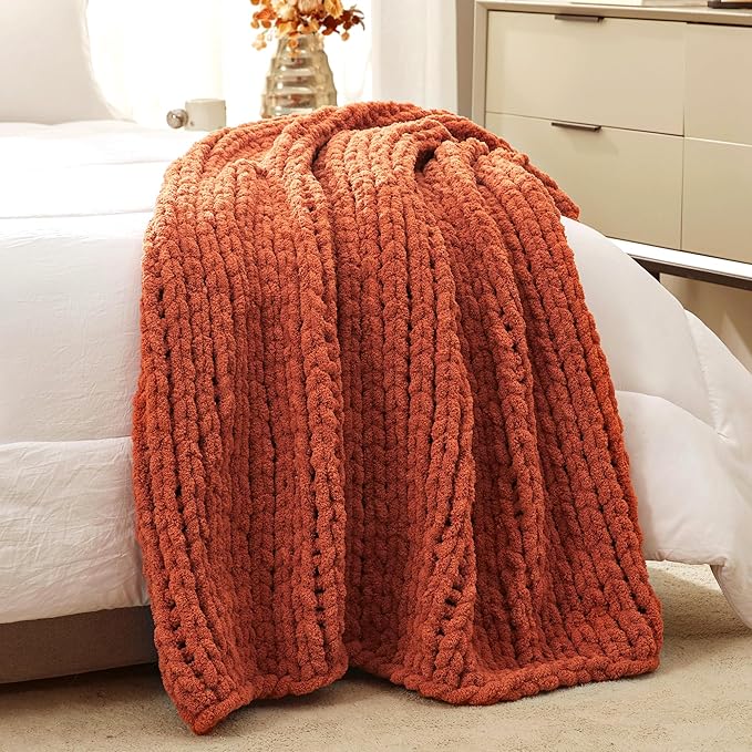 Amélie Home Chunky Knit Throw Blanket for Couch, Soft Chenille Handmade Crochet Throw Rope Knot Blanket for Couch, 50"x60", Burnt Orange