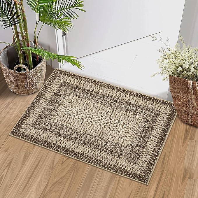 RUGSREAL Entryway Rug 2x3 Small Bedside Throw Mat with Rubber Backing Machine Washable Living Room Rug Non Slip Bathroom Mat Stain Resistant Braided Print Carpet for Dining Room Kitchen Hallway, Camel