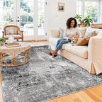 8x8 Square Living Room Area Rug – Washable Modern Neutral Abstract Indoor Rug for Bedroom, Dining Room, Kitchen – Non-Slip Soft Low-Pile Floor Carpet (Black Grey,8x8)