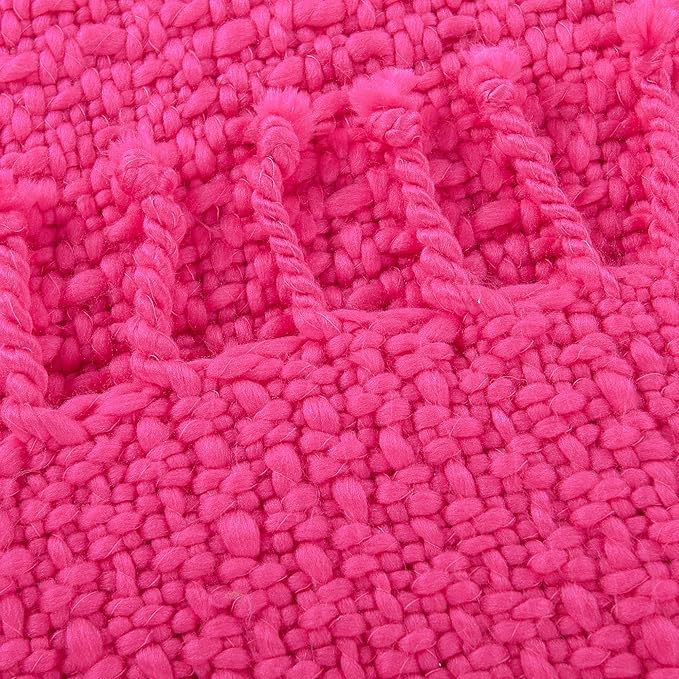 Chunky Knit Throw Blanket with Braided Tassels 50" x 60", Hand Knitted Soft Thick Yarn Basket Weave Boho Farmhouse Blanket, Plush Fluffy Tassel Decor Throw for Couch Bed Sofa, Hot Pink