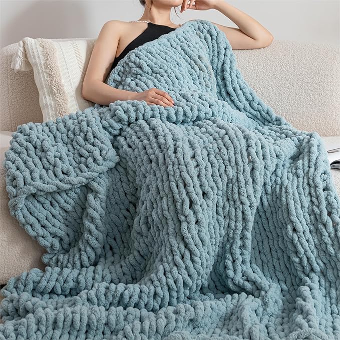 Luxury Chunky Knit Blanket Throw, Handmade Thick Chenille Yarn Throw 50x60, Cable Knit Crochet Blanket, Decorative Cozy and Soft Crochet Throw Blanket for Couch Home Decor