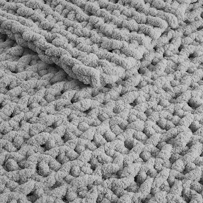Madison Park Chenille Chunky Knit Handmade Throw Blanket, Luxuriously Soft Gift Blankets, Cottage Style Room Décor, Lightweight & Breathable All Seasons Throw Blanket for Couch, 50" W x 60" L Grey