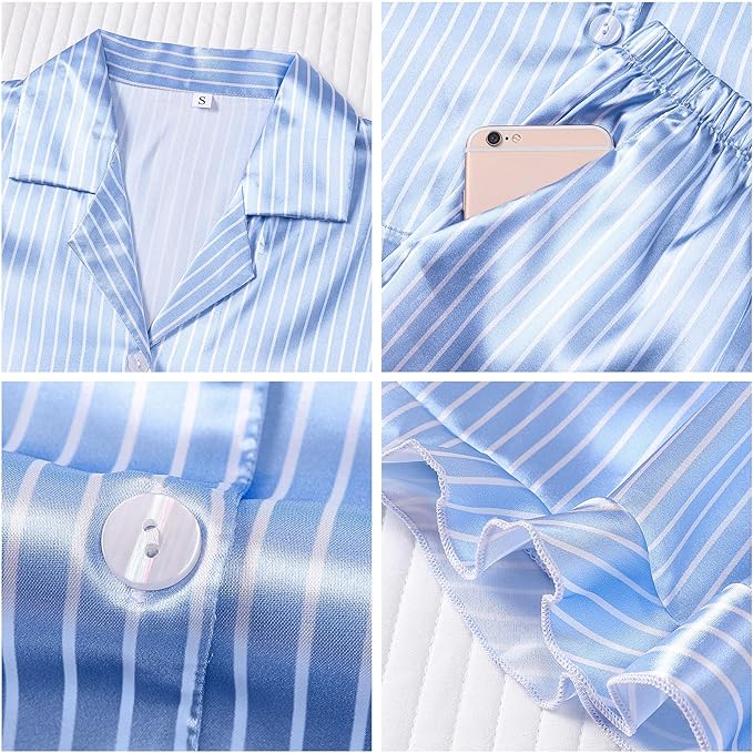 Satin Pajamas Set For Women 2Pcs Ruffled Silk Pj Button Down Pajama Sleepwear Loungewear Summer Nightwear