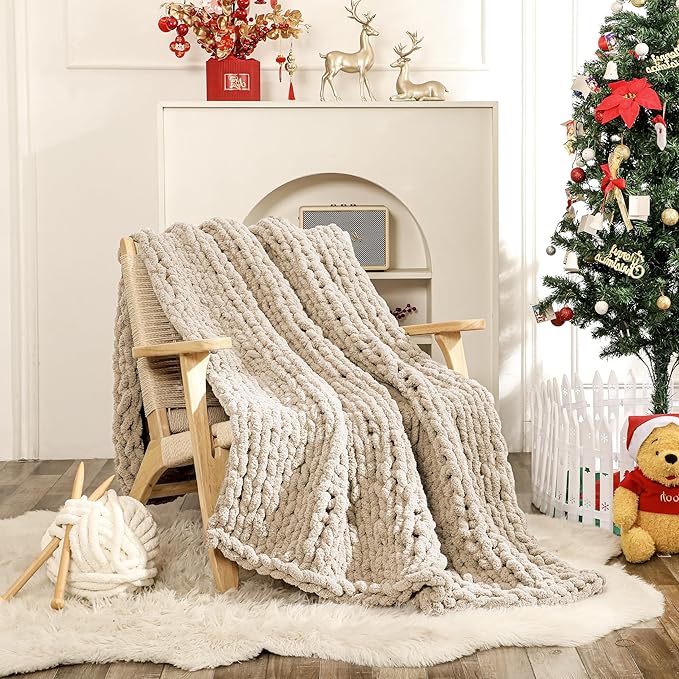 WESHIONGOO Chunky Knit Blanket Throw Knitted Throw Blankets for Couch Bed Fluffy Soft Blanket with Jumbo Chenille Yarn Thick 100% Handmade (Linen, 51"×63")