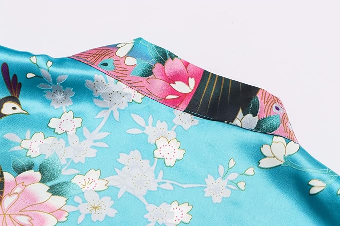 Women's Short Kimono Robes Bride and Bridesmaid Satin Floral Bathrobe Peacock Sleepwear Dressing Gown for Wedding Party