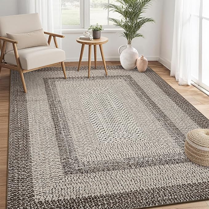 RUGSREAL 10x13 Large Living Room Rug Braided Print Boho Accent Throw Carpet Farmhouse Rustic Rug with Rubber Backing Geometric Bordered Area Rug Bohemian Carpet for Bedroom Home Decor Office, Mocha