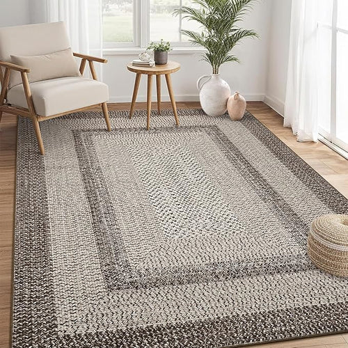 9x12 Living Room Rug Large Washable Rug Non Slip Boho Accent Braided Print Carpet Indoor Throw Floor Cover Farmhouse Rustic Area Rug Bohemian Border Carpet for Bedroom Home Decor, Mocha