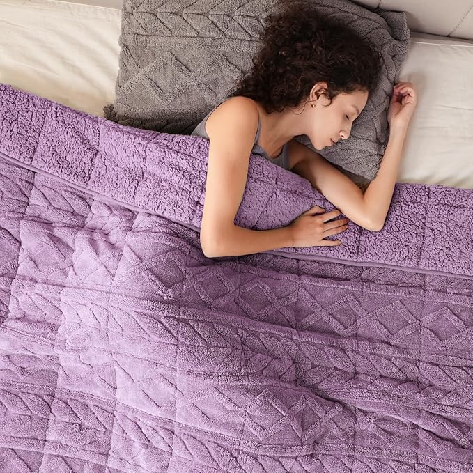 Cottonblue Jacquard Weighted Blanket 15 lbs for Adults Queen Twin Full Size, Fuzzy Sherpa Fleece Weighted Throw Blankets 60x80 in for Relax & Sleep, Cozy Heavy Bed Blankets with Glass Beads, Purple