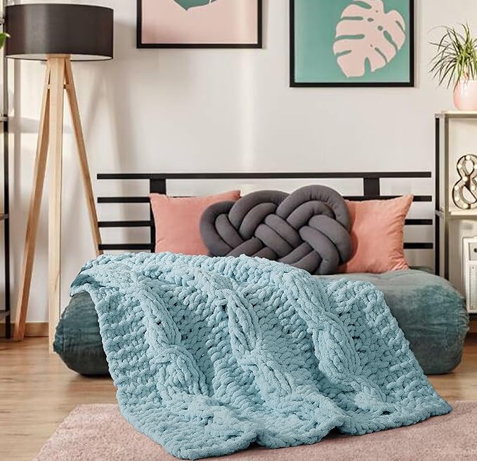 Chunky Knit Blanket Throw - 100% Hand Knitted Chunky Soft Throw Blanket for Couch, Thick and Warm Blanket for Winter, Blue, 50x60 Inches