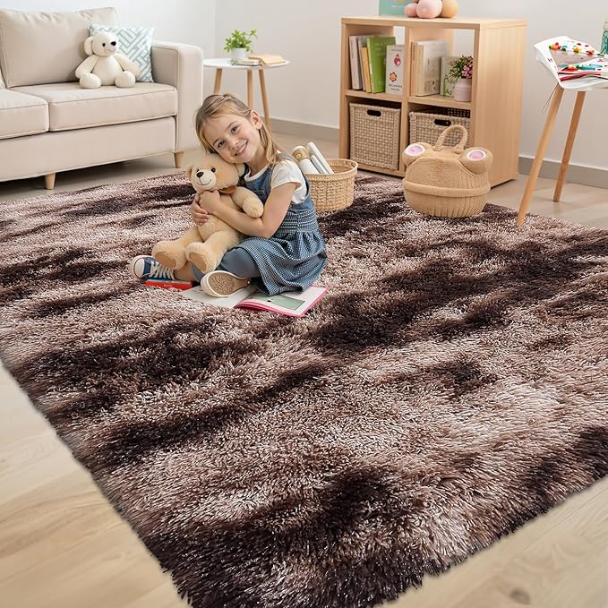 OLANLY Area Rugs for Living Room Bedroom, Machine Washable 4x5.9 Feet Soft Fluffy Shaggy Bedside Rug, Indoor Floor Carpet for Kids Girls and Boys, Nursery Room, Home Decor Aesthetic, Coffee Tie-dye
