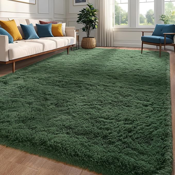 Deep Green Area Rug 6x9 Large Rugs for Living Room Bedroom, Fluffy Cute Rug Modern Carpets for Kids Room, Non-Skid Rectangular Indoor Rug for Girls Boys Playroom Nursery Room Home Decor