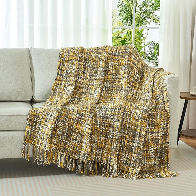 Multi-Color Gold Cable Woven Throw Blanket for Couch,50"X60" Boho Style Textured Blankets for Home Decor,Super Soft Warm Cozy Chunky Blanket with Decorative Tassels for Bed and Sofa