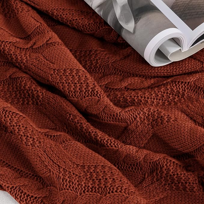 Aormenzy Red Brown Knit Throw Blankets Oversized Cable Knit Decorative Throw Blanket Soft Cozy Knitted Blanket for Sofa Couch Bed, 60" x 80"
