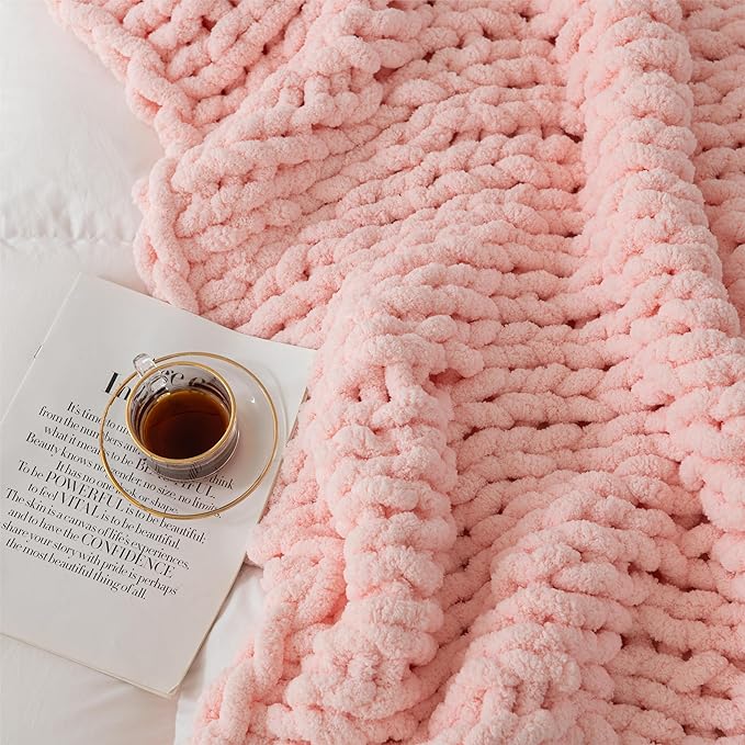 Luxury Chunky Knit Blanket Throw, Handmade Thick Chenille Yarn Throw 50x60, Blush Pink Cable Knit Crochet Blanket, Decorative Cozy and Soft Crochet Throw Blanket for Couch Home Decor