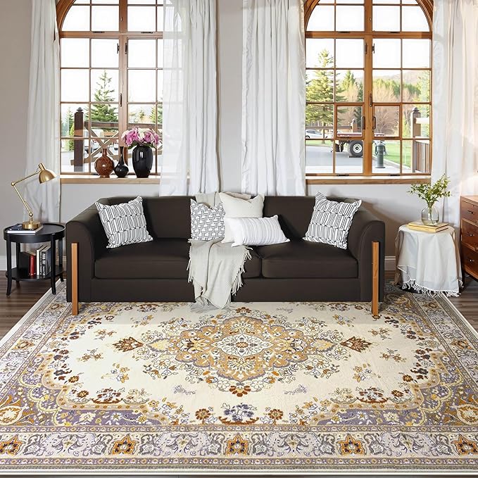 CRYPTOLITE Living Room Rug 7x10, Machine Washable Area Rug Non Slip Low Pile Rug for Living Room, Bedroom, Farmhouse, Dining Room, Beige