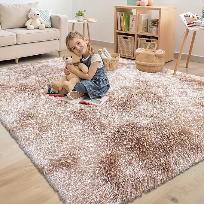 OLANLY Area Rugs for Living Room Bedroom, Machine Washable 4x5.9 Feet Soft Fluffy Shaggy Bedside Rug, Indoor Floor Carpet for Kids Girls and Boys, Nursery Room, Home Decor Aesthetic, Beige Tie-dye