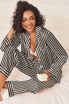 Ekouaer Womens Silk Satin Pajama Sets 2 Piece Sleepwear Pjs Set Long Sleeve Button Down Top and Pants Stripe Loungewear S-XXL