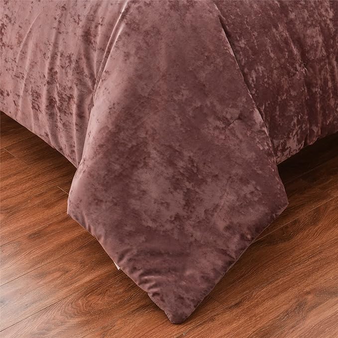 Fredsure Distressed Velvet Comforter Set, 5 Pieces Dusty Mauve King, Distressed Velvet Face and Brushed Microfiber Reverse