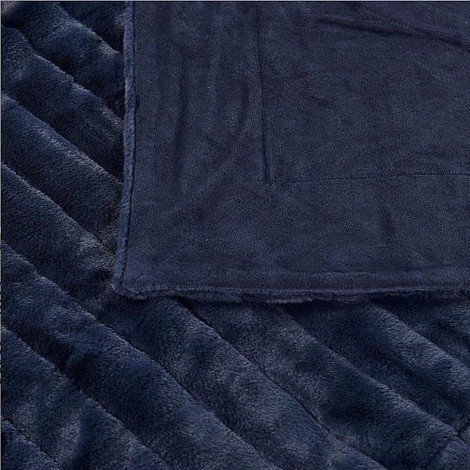 Striped Throw Blanket and Pillow Covers Set (No Inserts) for Couch and Bed, Plush Warm Lightweight Fuzzy Faux Fur Blanket for All Seasons (50" x 60", Dark Blue)