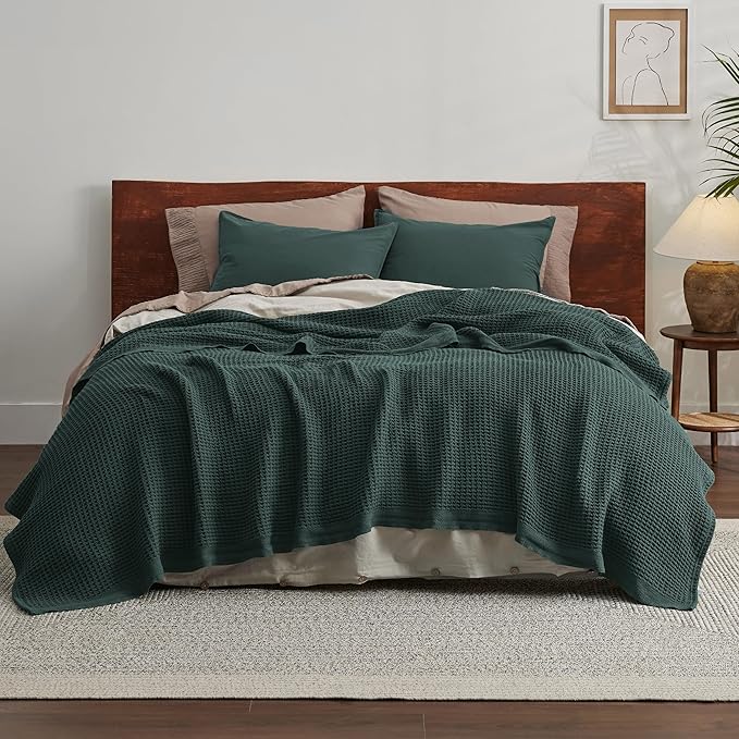 Bedsure Gentlesoft 100% Cotton Blanket King Size for Bed - Breathable and Soft for Spring Summer, Thick Cozy Waffle Weave Blanket Gifts for Women, Dark Green, 104x90 inches